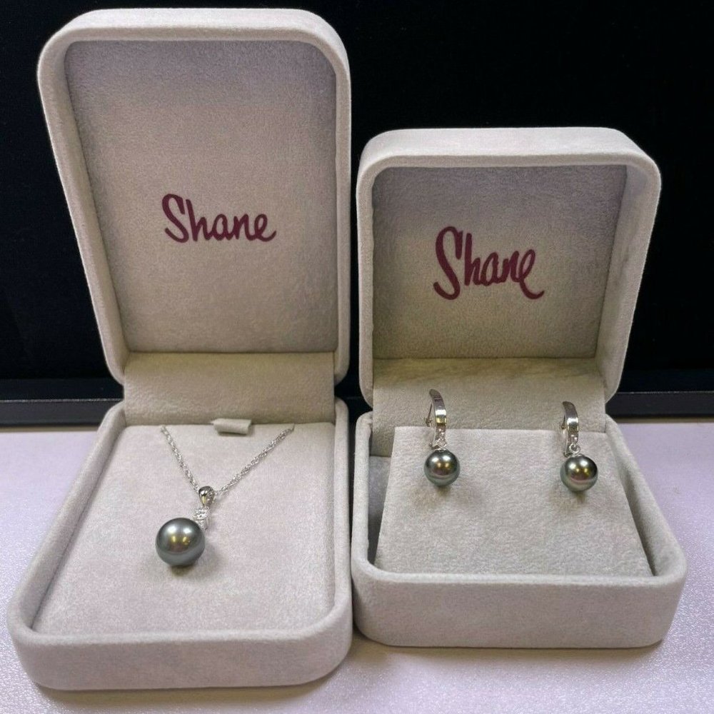 14K White Gold Black Tahitian Pearl Dangle Earrings/Pendant Necklace Set (R185)